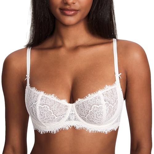 DOBREVA Damen Dirndl BH Push Up Balconette Spitzen BHS Sexy Durchsichtig Große Größen mit Bügel Kokosnuss Weiß 70B von DOBREVA