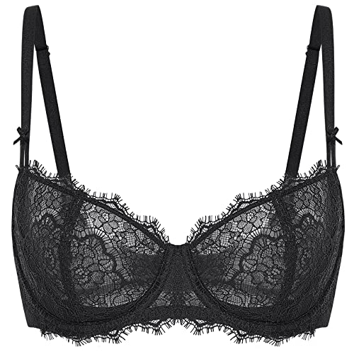 DOBREVA Damen Dirndl BH Push Up Balconette Spitzen BHS Sexy Durchsichtig Große Größen mit Bügel Schwarz 90B von DOBREVA