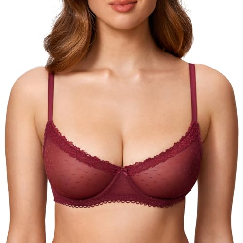 DOBREVA Damen Sexy Spitzen BH Balconette Durchsichtiger BHS mit Bügel Dunkelrot 75F von DOBREVA