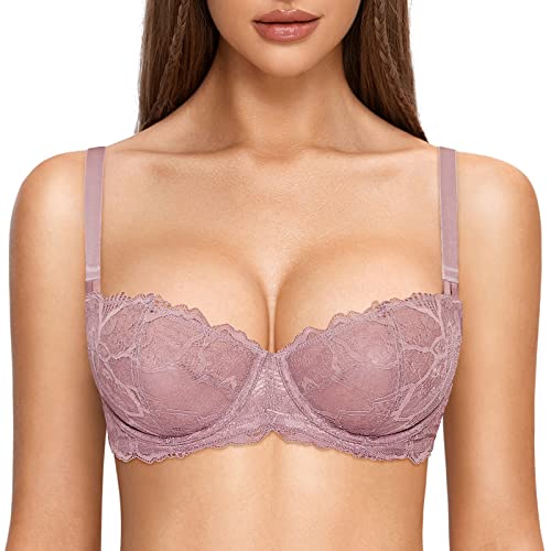 DOBREVA Damen Balkonett BH Spitze Ohne Polster Bügel Push Up Rose Brown 75C von DOBREVA