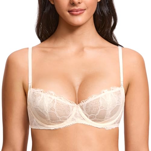 DOBREVA Damen Balkonett BH Spitze Ohne Polster Bügel Push Up Rose White 75E von DOBREVA