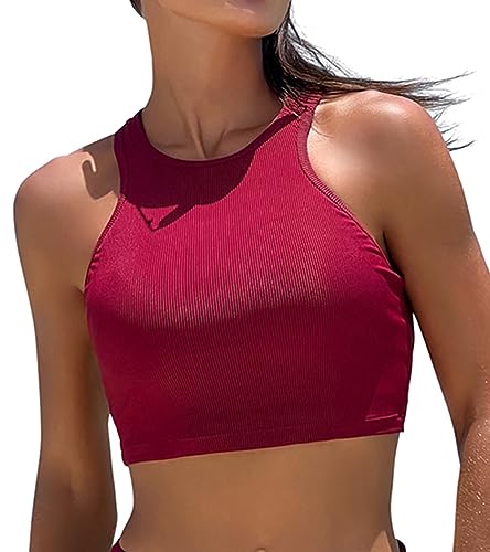 DOBREVA Damen Bikini Oberteil Hoher Hals Badeanzug Racerback Ribbed Gepolsterte Swim Crop Top Cerise 42 von DOBREVA