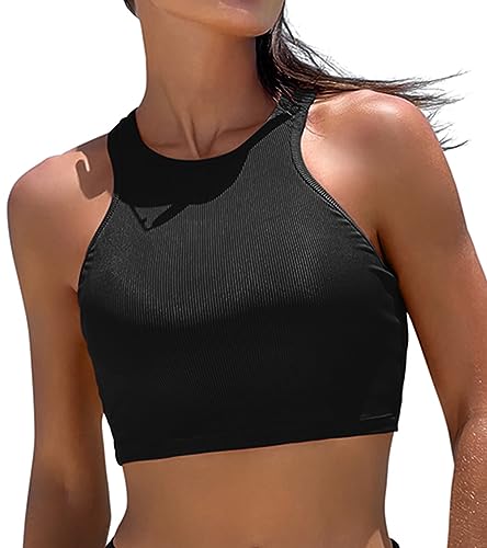 DOBREVA Damen Bikini Oberteil Hoher Hals Badeanzug Racerback Ribbed Gepolsterte Swim Crop Top Schwarz 36 von DOBREVA