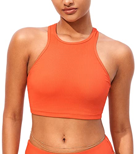 DOBREVA Damen Bikini Oberteil Hoher Hals Badeanzug Racerback Ribbed Gepolsterte Swim Crop Top Sonnenstein 40 von DOBREVA