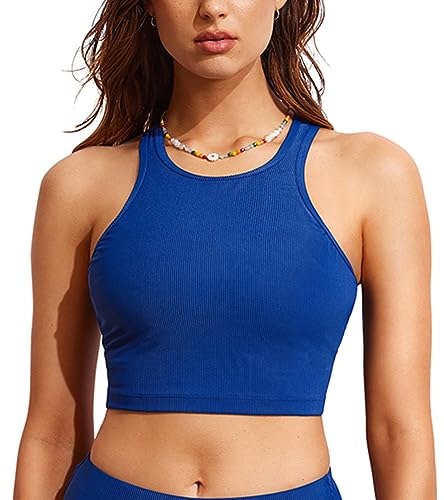 DOBREVA Damen Bikini Oberteil Hoher Hals Badeanzug Racerback Ribbed Gepolsterte Swim Crop Top Wellen Blau 36 von DOBREVA