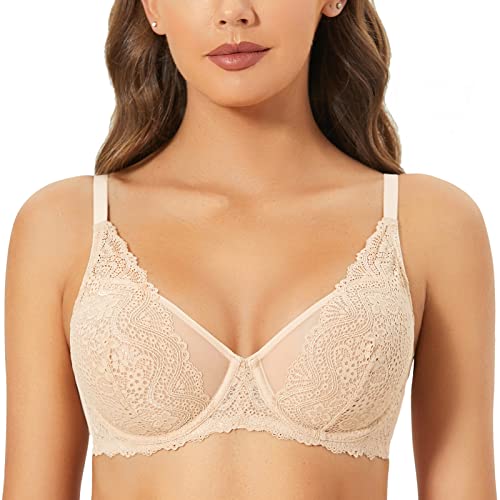 DOBREVA Damen Spitze Bralette Minimizer Bügel BH Sexy Durchsichtig Ungefüttert Beige 90E von DOBREVA