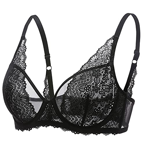 DOBREVA Damen Spitze Bralette Minimizer Bügel BH Sexy Durchsichtig Ungefüttert Schwarz 80E von DOBREVA