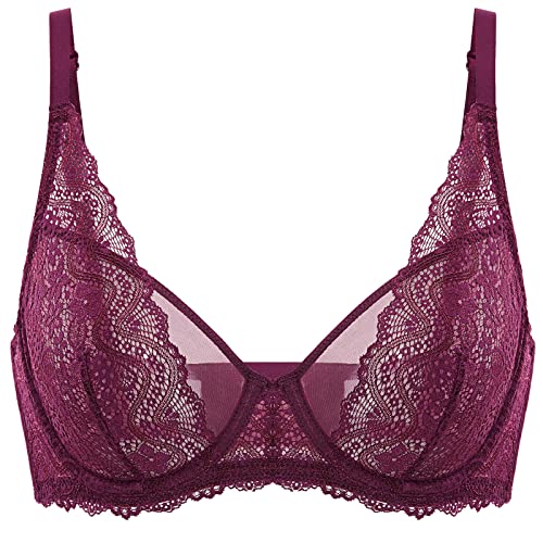 DOBREVA Damen Spitze Bralette Minimizer Bügel BH Sexy Durchsichtig Ungefüttert Traubenwein 70G von DOBREVA