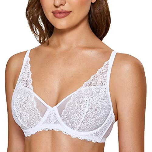 DOBREVA Damen Spitze Bralette Minimizer Bügel BH Sexy Durchsichtig Ungefüttert Weiss 75B von DOBREVA