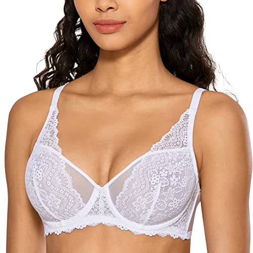 DOBREVA Damen Spitze Bralette Minimizer Bügel BH Sexy Durchsichtig Ungefüttert Weiss 75E von DOBREVA