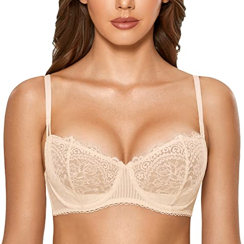 DOBREVA Damen Spitze Dirndl BH Push Up Sexy Balconette BHS Bügel Große Größen Durchsichtig Beige 75B von DOBREVA