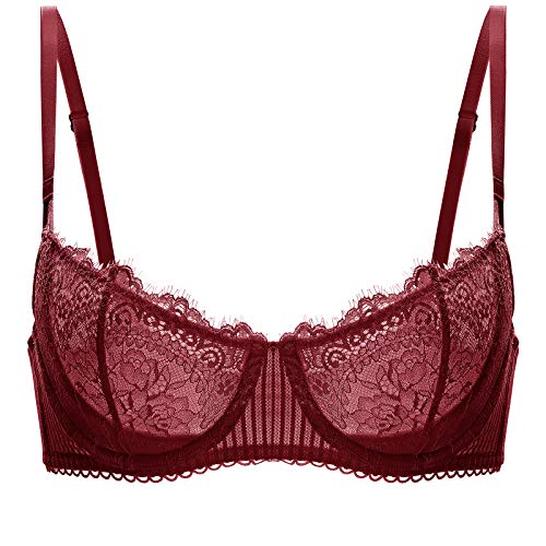 DOBREVA Damen Spitze Dirndl BH Push Up Sexy Balconette BHS Bügel Große Größen Durchsichtig Dunkelrot 70B von DOBREVA