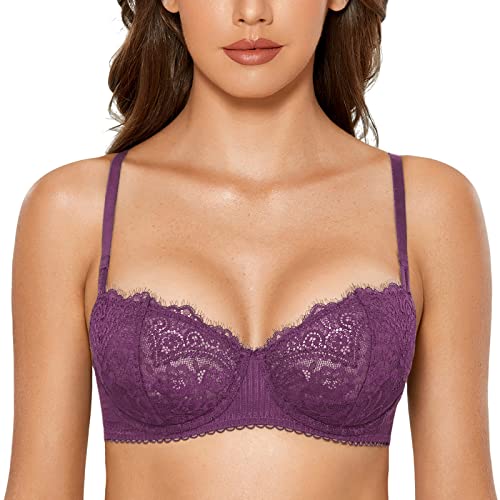 DOBREVA Damen Spitze Dirndl BH Push Up Sexy Balconette BHS Bügel Große Größen Durchsichtig Maulbeeren Lila 75B von DOBREVA