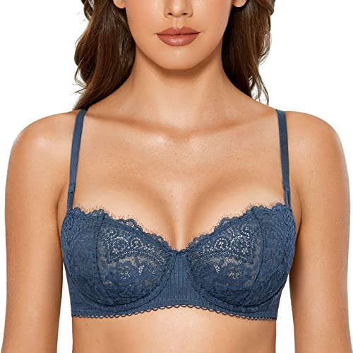 DOBREVA Damen Spitze Dirndl BH Push Up Sexy Balconette BHS Bügel Große Größen Durchsichtig Militärblau 85C von DOBREVA