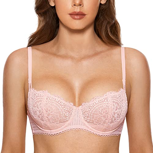 DOBREVA Damen Spitze Dirndl BH Push Up Sexy Balconette BHS Bügel Große Größen Durchsichtig Nacktes Rosa 75B von DOBREVA