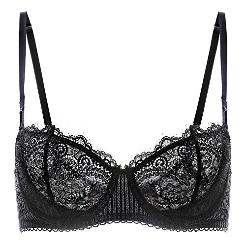 DOBREVA Damen Spitze Dirndl BH Push Up Sexy Balconette BHS Bügel Große Größen Durchsichtig Schwarz#X-Back 80G von DOBREVA