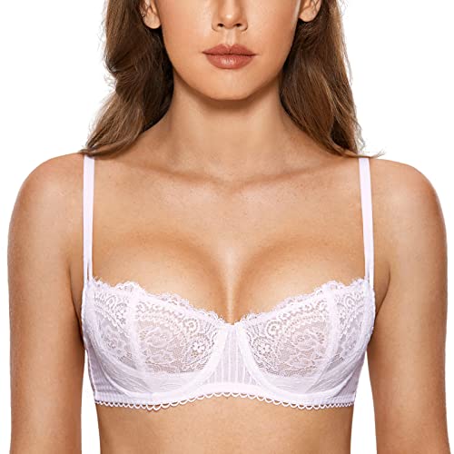 DOBREVA Damen Spitze Dirndl BH Push Up Sexy Balconette BHS Bügel Große Größen Durchsichtig Weiss 70C von DOBREVA