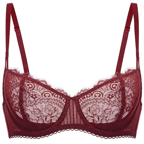 DOBREVA Damen Dirndl BH Push Up Balconette Spitzen BH Große Größen Sexy Soft Transparent Dunkelrot 95G DOBREVA Damen Dirndl BH Push Up Balconette Spitzen BH Große Größen Sexy Soft Transparent Dunkelrot 95G von DOBREVA