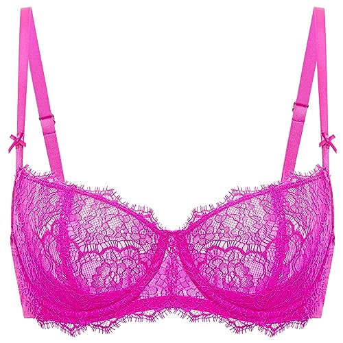 DOBREVA Damen Dirndl BH Push Up Balconette Spitzen BHS Sexy Durchsichtig Große Größen mit Bügel Helles Fuchsia 75A von DOBREVA