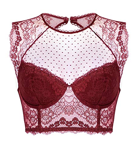 DOBREVA Damen Korsett BH Spitze Longline Top mit Integriertem BH Große Größen Hochgeschlossenes Bustier Dunkelrot 70A von DOBREVA