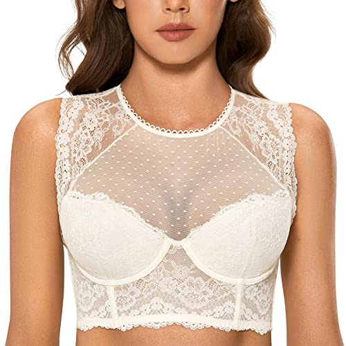 DOBREVA Damen Korsett BH Spitze Longline Top mit Integriertem BH Große Größen Hochgeschlossenes Bustier Elfenbein 70B von DOBREVA