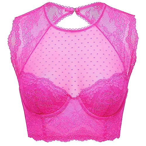 DOBREVA Damen Korsett BH Spitze Longline Top mit Integriertem BH Große Größen Hochgeschlossenes Bustier Helles Fuchsia 75B von DOBREVA