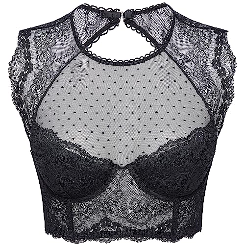 DOBREVA Damen Korsett BH Spitze Longline Top mit Integriertem BH Große Größen Hochgeschlossenes Bustier Schwarz 2 70A von DOBREVA