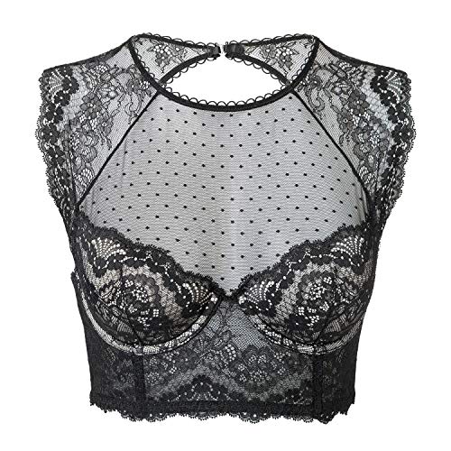 DOBREVA Damen Korsett BH Spitze Longline Top mit Integriertem BH Große Größen Hochgeschlossenes Bustier Schwarz 75C von DOBREVA