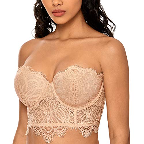 DOBREVA Damen Gepolstert Trägerloser Bügel-BH Bustier Top mit Spitze Beige 70E von DOBREVA