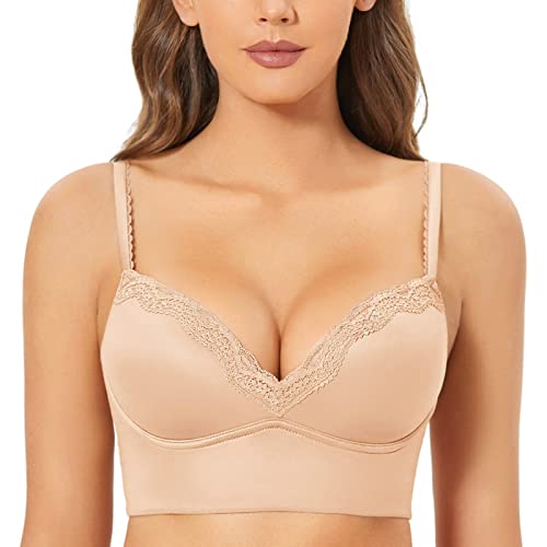 DOBREVA Damen Push Up BH ohne Bügel Soft Gepolstert Bügelloser Bustier mit Spitze Beige 70E von DOBREVA