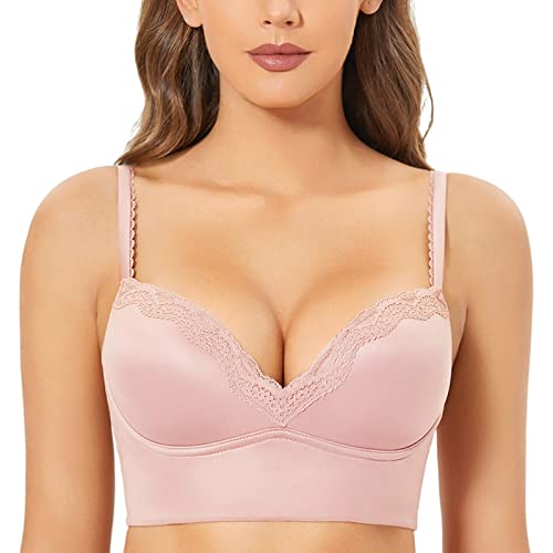 DOBREVA Damen Push Up BH ohne Bügel Soft Gepolstert Bügelloser Bustier mit Spitze Nacktes Rosa 80A von DOBREVA