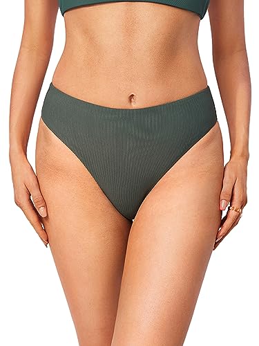 DOBREVA Damen High Waist Bikinihose Bauchweg Hoher Schnitt Ribbed Shape Badeanzug Unterteil Platanen Grün 38 von DOBREVA