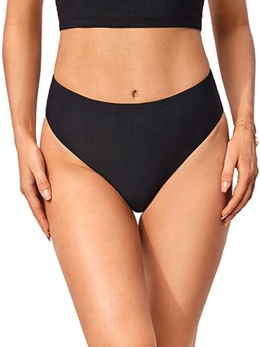 DOBREVA Damen High Waist Bikinihose Bauchweg Hoher Schnitt Ribbed Shape Badeanzug Unterteil Schwarz 42 von DOBREVA