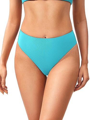 DOBREVA Damen High Waist Bikinihose Bauchweg Hoher Schnitt Ribbed Shape Badeanzug Unterteil Türkis 40 von DOBREVA