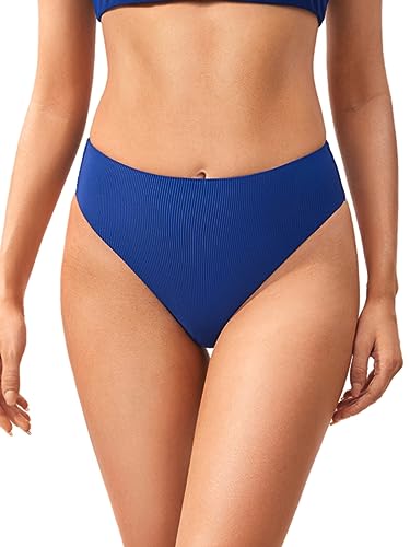 DOBREVA Damen High Waist Bikinihose Bauchweg Hoher Schnitt Ribbed Shape Badeanzug Unterteil Wellen Blau 40 von DOBREVA