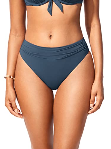 DOBREVA Damen Hoch Taillierte Bikinihose mit Gerüschter Optik Bauchweg Retro Hoher Schnitt Badeanzug Unterteil Abzeichen Blau 42 von DOBREVA