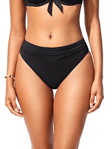 DOBREVA Damen Hoch Taillierte Bikinihose mit Gerüschter Optik Bauchweg Retro Hoher Schnitt Badeanzug Unterteil Schwarz 44 von DOBREVA