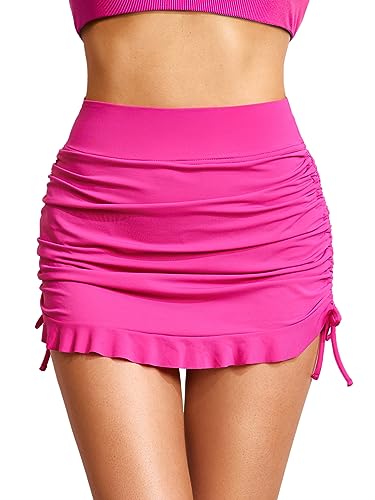DOBREVA Damen Hoch Taillierte Bikinirock mit Gerüschter Schnüren Bauchweg Retro Hoher Schnitt Bademode Hibiskus-Purpur 38 von DOBREVA