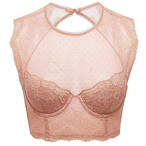 DOBREVA Damen Korsett BH Spitze Longline Top mit Integriertem BH Große Größen Hochgeschlossenes Bustier Sahnekaffee 85B von DOBREVA