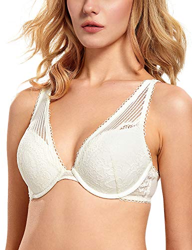 DOBREVA Damen Plunge Spitze Bügel-BH Push Up Abnehmbare Trägern mit Einlagen Elfenbein 75B von DOBREVA