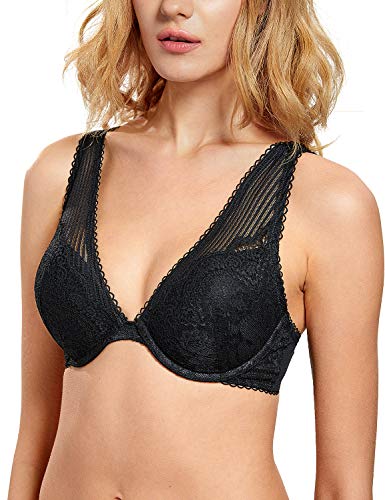 DOBREVA Damen Plunge Spitze Bügel-BH Push Up Abnehmbare Trägern mit Einlagen Schwarz 75B von DOBREVA