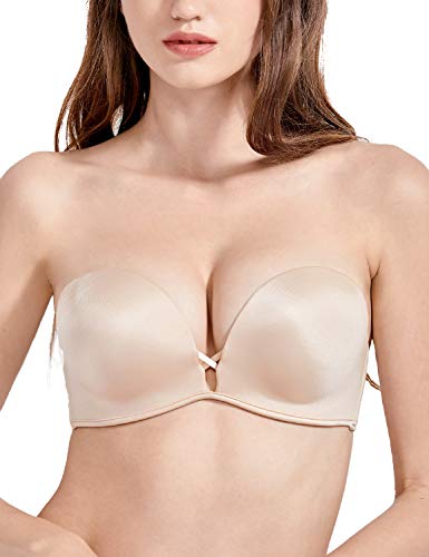 DOBREVA Damen Push Up Add Zwei Tassen BH T-Shirt Spitze Trägerloser mit Bügel mit Einlagen Beige 85AA von DOBREVA