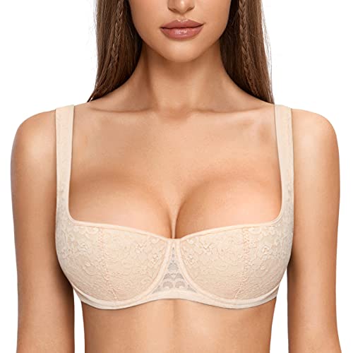 DOBREVA Damen Push Up BH Dirndl Bügel Balconette Spitzen BH Sexy Leicht Gepolstert Große Größen Beige 80H von DOBREVA