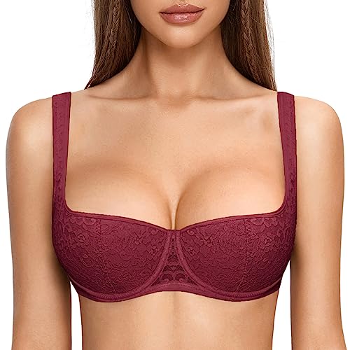 DOBREVA Damen Sexy Balconette BH Spitze BHS mit Bügel Leicht Gepolstert Push Up Große Größen Dunkelrot 70C von DOBREVA