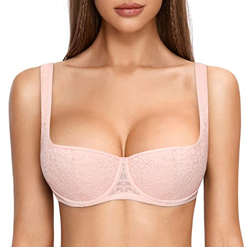 DOBREVA Damen Sexy Balconette BH Spitze BHS mit Bügel Leicht Gepolstert Push Up Große Größen Nacktes Rosa 75D von DOBREVA