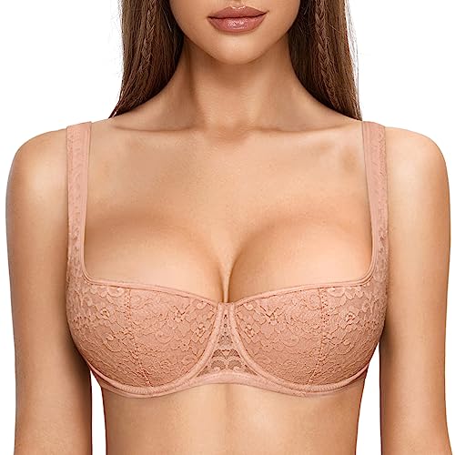 DOBREVA Damen Sexy Balconette BH Spitze BHS mit Bügel Leicht Gepolstert Push Up Große Größen Sahnekaffee 70B von DOBREVA