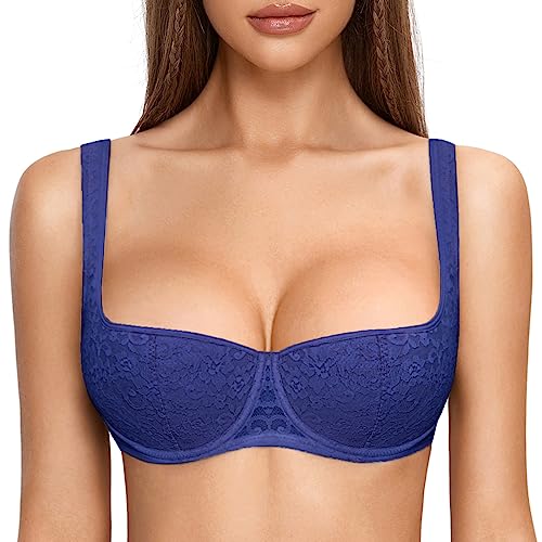 DOBREVA Damen Push Up BH Dirndl Bügel Balconette Spitzen BH Sexy Leicht Gepolstert Große Größen Starshine Blau 95C von DOBREVA