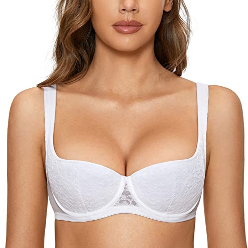 DOBREVA Damen Push Up BH Dirndl Bügel Balconette Spitzen BH Sexy Leicht Gepolstert Große Größen Weiss 75E von DOBREVA