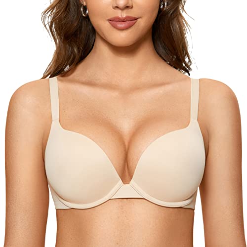 DOBREVA Damen Push Up BH Gepolstert Plunge Bügel Vollschalen BHS Gemoldete Cups Beige 90B von DOBREVA