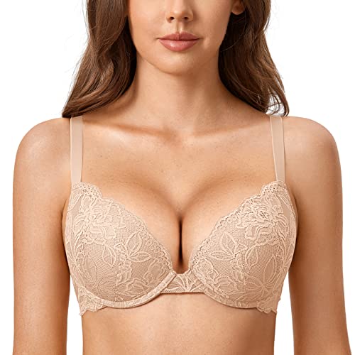 DOBREVA Damen Push Up BH Mit Spitze Gepolstert Plunge Bügel Vollschalen BHS Gemoldete Cups Beige 85E von DOBREVA